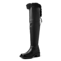Round Toe Side Zipper Over The Knees Faux Fur Winter Snow Warm Plush Chunky Heels Boots - Black