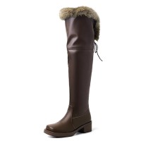 Round Toe Side Zipper Over The Knees Faux Fur Winter Snow Warm Plush Chunky Heels Boots - Brown