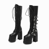 Round Toe Chunky Heels Ultra Platforms Cowboy Buckle Straps Punk Gothic Zipper Boots - Black Faux Leather
