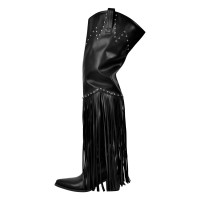 Pointed Toe Chunky Low Heels Fringe Over The Knees Rivets Western Cowboy Boots - Black