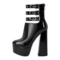 Round Toe Chunky Heels Platforms Ankle Wrap Heel Stripes Boots - Black