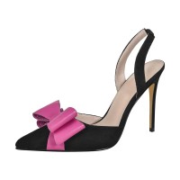 Pointed Toe Stiletto Heel Bowknot Slingback Pumps Sandals - Black Flock