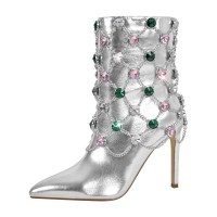 Pointed Toe Stiletto Heels Rhinestones Crystals Side Zipper Ankle Highs Booties - Silver