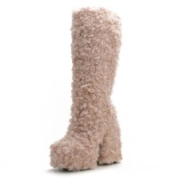 Round Toe Chunky Heels Platforms Knee Highs Fluffy Wool Booties - Pink Faux Wool