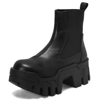 Round Toe Chunky Heels Pull On Platforms Ankle Highs Gothic Punk Chelsea Boots - Black
