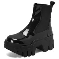 Round Toe Chunky Heels Pull On Platforms Ankle Highs Gothic Punk Chelsea Boots - Black