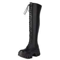 Round Toe Chunky Heels Lace Up Platforms Over The Knee Gothic Punk Boots - Black