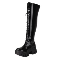 Round Toe Chunky Heels Lace Up Platforms Over The Knee Gothic Punk Boots - Black