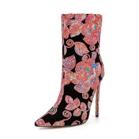 Pointed Toe Stiletto Heels Bling Sequin Side Zipper Ankle Highs Flower Boots - Salmon Sequined Cloth