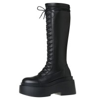 Round Toe Chunky Heels Knee Highs Platforms Gothic Punk Lace Up Boots - Black