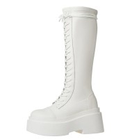 Round Toe Chunky Heels Knee Highs Platforms Gothic Punk Lace Up Boots - White