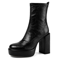 Round Toe Side Zipper Chunky Heels Genuine Leather Low Platforms Boots - Black