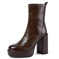 Round Toe Side Zipper Chunky Heels Genuine Leather Low Platforms Boots - Brown