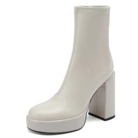 Round Toe Side Zipper Chunky Heels Genuine Leather Low Platforms Boots - Beige