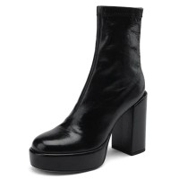 Round Toe Side Zipper Chunky Heels Genuine Leather Low Platforms Boots - Black