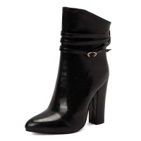 Pointed Toe Chunky Heels Trible Decorated Straps Ankle Highs Side Zipper Boots - Black Faux Leather