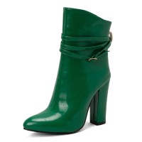 Pointed Toe Chunky Heels Trible Decorated Straps Ankle Highs Side Zipper Boots - Green Faux Leather