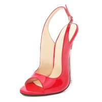 Peep Toe Stiletto Metal Heels Slingback Straps Pumps Sandals - Red Patent