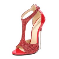 Peep Toe Stiletto Metal Heels Ankle T Straps Back Zipper Glitters Pumps - Red Faux Leather
