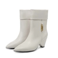 Pointed Toe Ankle Highs Pull On Low Heels Half Wedges Boots - Beige Leather
