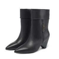 Pointed Toe Ankle Highs Pull On Low Heels Half Wedges Boots - Black Leather