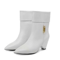 Pointed Toe Ankle Highs Pull On Low Heels Half Wedges Boots - White Leather