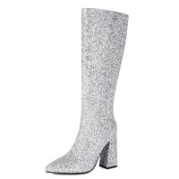 Pointed Toe Chunky Heels Fashionable Glitters Sequins Blings Knee Highs Boots - Silver
