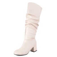 Round Toe Fashionable Autumn Winter Chunky Heels Knee Highs Boots - Beige