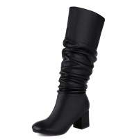 Round Toe Fashionable Autumn Winter Chunky Heels Knee Highs Boots - Black