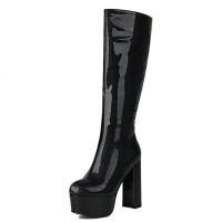 Round Toe Side Zipper Knee Highs Chunky Heels Patent Platforms Boots - Black