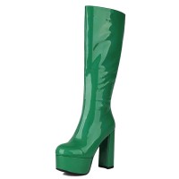 Round Toe Side Zipper Knee Highs Chunky Heels Patent Platforms Boots - Green