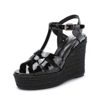 Peep Toe Hemb Rope Platforms Ankle Buckle T Straps Summer Wedges Sandals - Black Patent