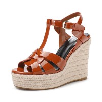 Peep Toe Hemb Rope Platforms Ankle Buckle T Straps Summer Wedges Sandals - Brown Patent