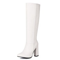 Pointed Toe Elegant Autumn Winter Chunky Heels Knee Highs Boots - White
