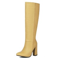 Pointed Toe Elegant Autumn Winter Chunky Heels Knee Highs Boots - Yellow