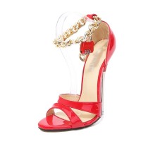 Peep  Toe Stiletto Metal Heels Ankle Chain Lock Straps Sandals - Red Patent