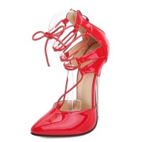 Pointed Toe Stiletto Metal Heels Greek Lace Up Sandals  Pumps - Red Patent