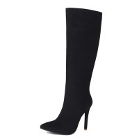 Pointed Toe Elegant Suede Rustic Stiletto Heels Knee Highs Boots - Black