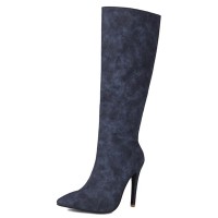 Pointed Toe Elegant Suede Rustic Stiletto Heels Knee Highs Boots - Blue