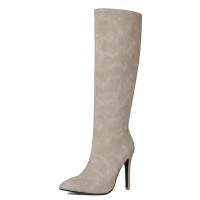 Pointed Toe Elegant Suede Rustic Stiletto Heels Knee Highs Boots - Gray