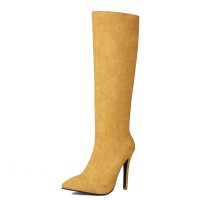 Pointed Toe Elegant Suede Rustic Stiletto Heels Knee Highs Boots - Yellow