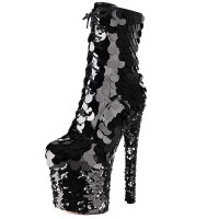 Round Toe Stiletto Heels Bling Sequined Glitters Lace Up Side Zipper Platforms Ankle Highs Boots - Black
