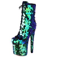 Round Toe Stiletto Heels Bling Sequined Glitters Lace Up Side Zipper Platforms Ankle Highs Boots - Green