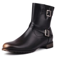 Round Toe Chunky Heels Ankle Highs Decorated Buckle Straps Chelsea British Style Motorcycle Boots - Black
