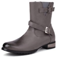Round Toe Chunky Heels Ankle Highs Decorated Buckle Straps Chelsea British Style Motorcycle Boots - Gray