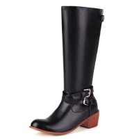 Round Toe Chunky Heels Side Zipper Knee Highs Decorated Buckle Straps Western Boots - Black