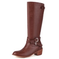 Round Toe Chunky Heels Side Zipper Knee Highs Decorated Buckle Straps Western Boots - Brown