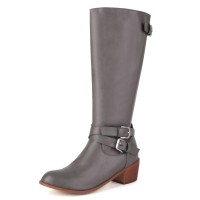 Round Toe Chunky Heels Side Zipper Knee Highs Decorated Buckle Straps Western Boots - Gray