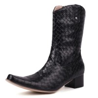 Pointed Toe Chunky Heels Knee Highs Wicker Pattern Autumn Winter Side Zipper Western Boots - Black