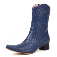 Pointed Toe Chunky Heels Knee Highs Wicker Pattern Autumn Winter Side Zipper Western Boots - Blue
